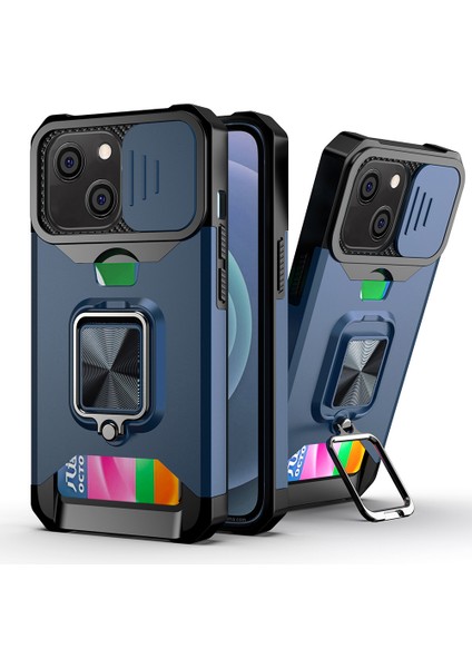 Apple iPhone 13 Telefon Kılıfı Çıkarılabilir Lens Kalkanı Tasarım Hibrit Telefon Kılıfı Kapak Kabuğu Kart Tutucu 6.1 Inç-Dark Mavi (Yurt Dışından)