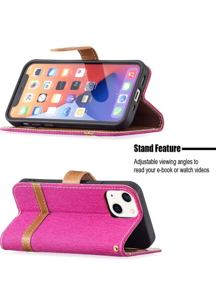 Kot Pantolon Renk Ekleme Deri Standı Cüzdan Telefon Kasa Kapağı Apple iPhone 13 6.1 Inç-Rose (Yurt Dışından)