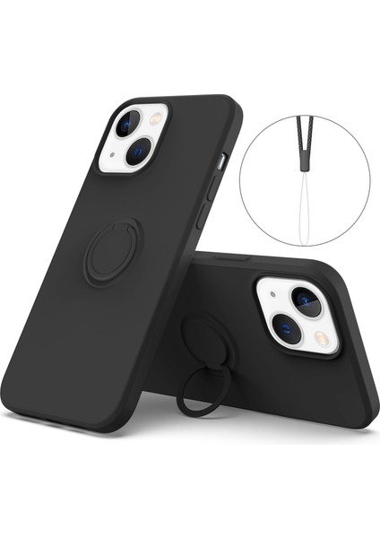 Apple iPhone 14 Telefon Kasası 6.1 Inç Cep Telefonu Kasası Manyetik Metal Sac Tasarım Yüzüğü Tutucu Kickstand Sıvı Silikon Telefon Kapağı Bilek Kayış-Siyah (Yurt Dışından)