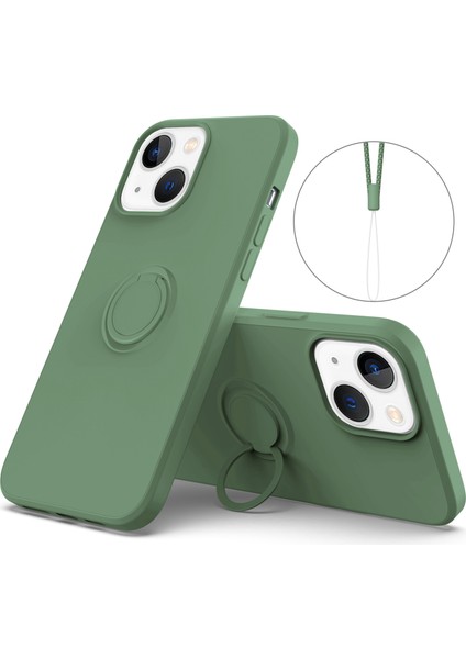 Apple iPhone 14 Telefon Kasası 6.1 Inç Cep Telefonu Kasası Manyetik Metal Tabaka Tasarım Yüzüğü Tutucu Kickstand Sıvı Silikon Telefon Kapağı Bilek Kayış Yeşili ile (Yurt Dışından)