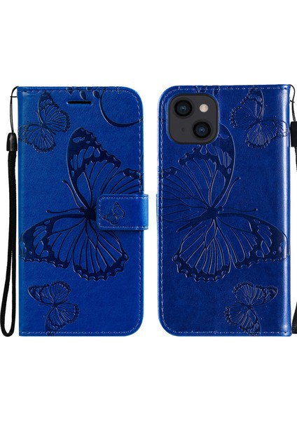 Apple iPhone 13 Telefon Kasası Için Tam Koruyucu Kelebek Deseni, Kayışla Deri Cep Telefonu Kabuğunu Baskılayan 6.1 Inç-Mavi (Yurt Dışından)