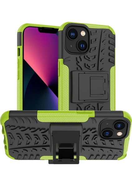 Apple iPhone 14 Telefon Kasası 6.1 Inç Lastik Desen Kayma Önleyici Telefon Kasası Sert Pc Yumuşak Tpu Çift Katman Şok Geçirmez Koruyucu Kapak Kickstand-Yeşil ile (Yurt Dışından)