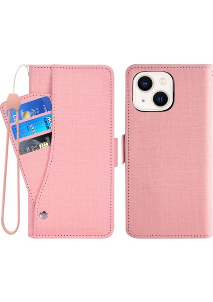 Apple iPhone 14 Telefon Kasası 6.1 Inç Jean Kumaş Doku Anti-Çizelge Anti-Çizelge Kılıf Dönen Kart Yuvası Tasarım Cüzdan Tarzı Deri Kapak Stand-Pink ile (Yurt Dışından)