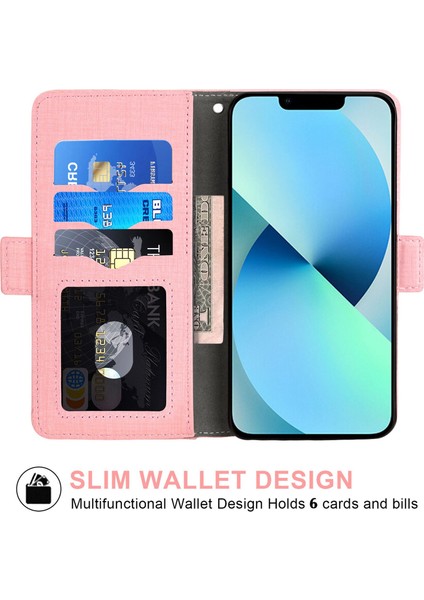 Apple iPhone 14 Telefon Kasası 6.1 Inç Jean Kumaş Doku Anti-Çizelge Anti-Çizelge Kılıf Dönen Kart Yuvası Tasarım Cüzdan Tarzı Deri Kapak Stand-Pink ile (Yurt Dışından)