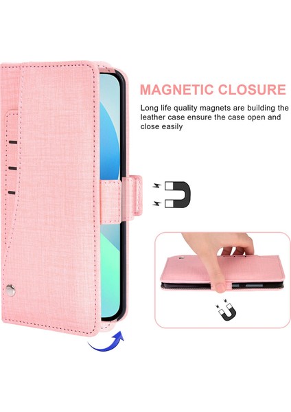 Apple iPhone 14 Telefon Kasası 6.1 Inç Jean Kumaş Doku Anti-Çizelge Anti-Çizelge Kılıf Dönen Kart Yuvası Tasarım Cüzdan Tarzı Deri Kapak Stand-Pink ile (Yurt Dışından)