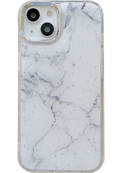Apple iPhone 13 Telefon Kasası Epoksi Sert Akrilik+Tpu Telefon Kabuğu Elektrokapı Mermer Desen Gümüş Folyo Telefon Kasa-Beyaz (Yurt Dışından)