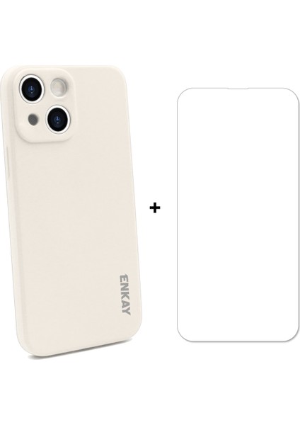 Apple iPhone 13 Için Telefon Kasası Için Düz Kenar Sıvı Silikon Telefon Kapağı KASASI+0.26MM 9h 2.5d Temperli Cam Ultra Net Koruyucu 6.1 Inç-Beige (Yurt Dışından)