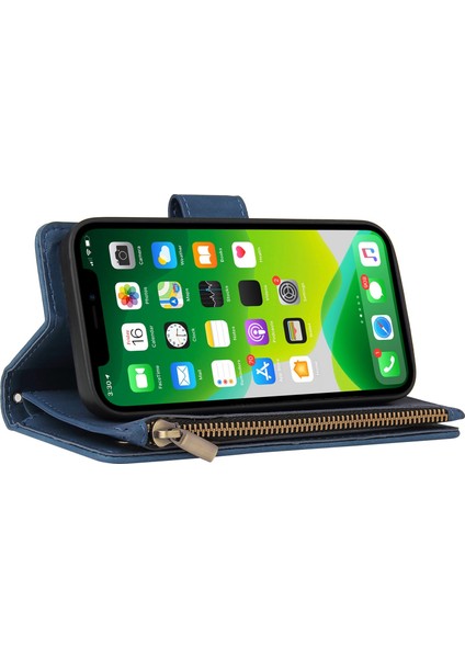 Apple iPhone 13 Telefon Kasası 6.1 Inç Pu Derili Tam Koruma Telefon Stand Kapak Yuvaları Cüzdan Koruyucu Kılıf Fermuarlı Cep-Mavi ile (Yurt Dışından) modelleri