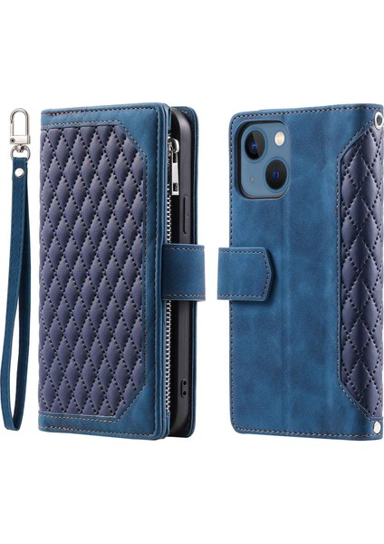 Apple iPhone 13 Telefon Kılıfı Için Cüzdan Rhombus Doku Kılıfı 6.1 Inç Zipper Cep Pu Deri Deri Telefon Stand Kapağı Bilek Kayış Mavisi (Yurt Dışından)