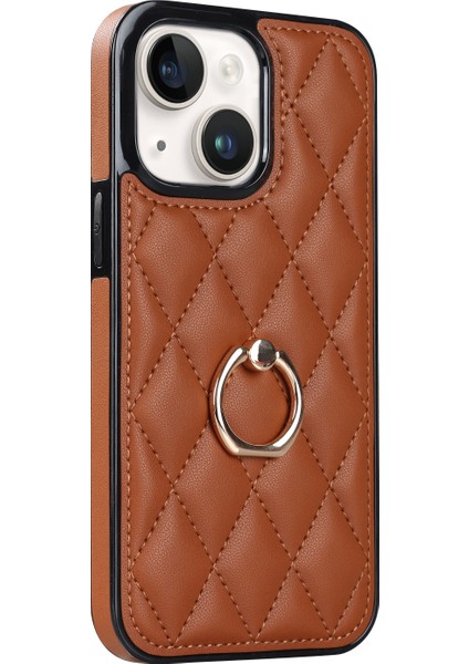Apple iPhone 13 Telefon Kılıfı 6.1 Inç Pu Deri+Tpu Telefon Kılıfı Dikiş Rhombus Ring Tutucu Kickstand Telefon Kapak-Kahverengi (Yurt Dışından)