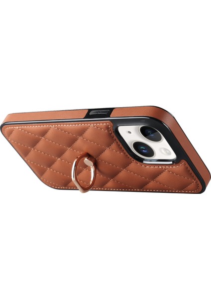 Apple iPhone 13 Telefon Kılıfı 6.1 Inç Pu Deri+Tpu Telefon Kılıfı Dikiş Rhombus Ring Tutucu Kickstand Telefon Kapak-Kahverengi (Yurt Dışından) fiyatları