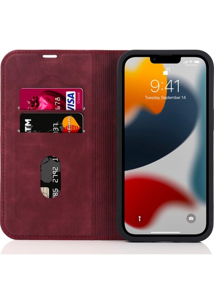 Apple iPhone 13 Telefon Kasası 6.1 Inç Pu Deri Kart Sahibi Telefon Kasası Rfıd Engelleme Standı Manyetik Otomatik Emici Anti-Damla Kapak-Kırmızı (Yurt Dışından) fiyatları