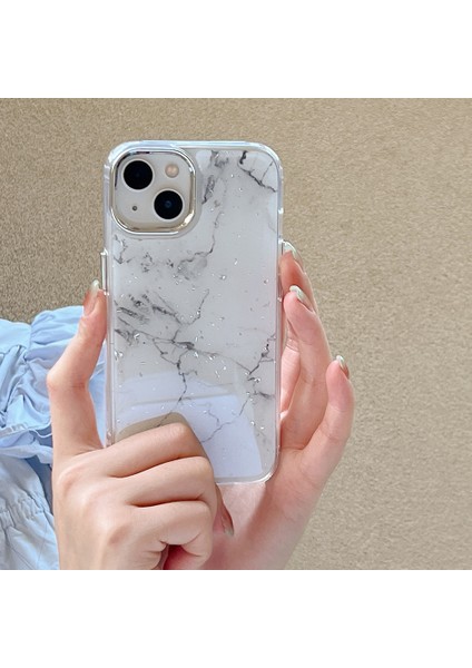 Apple iPhone 13 Telefon Kasası Epoksi Sert Akrilik+Tpu Telefon Kabuğu Elektrokapı Mermer Desen Gümüş Folyo Telefon Kasa-Beyaz (Yurt Dışından) modelleri