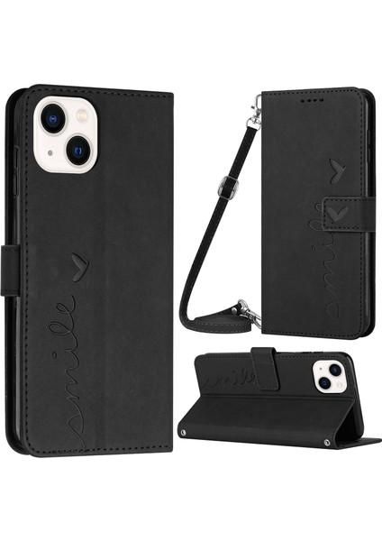 Apple iPhone 13/14 Telefon Kasası Standı Kutusu 6.1 Inç Önleme Önleyici Kalp Şekli Baskılı Cüzdan Cilt Dokunuşu Pu Deri Telefon Kapağı Omuz Kayış-Siyah ile (Yurt Dışından)