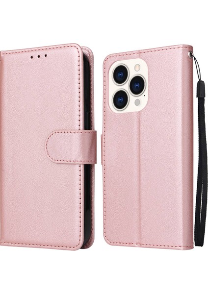 Apple iPhone 14 Telefon Kasası 6.1 Inç Düşüşe Dayanıklı Standı Kapak Folio Flip Deri Cüzdan Cep Telefonu Kasa ile Kordon-Rose Altın (Yurt Dışından)