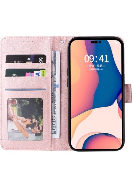 Apple iPhone 14 Telefon Kasası 6.1 Inç Düşüşe Dayanıklı Standı Kapak Folio Flip Deri Cüzdan Cep Telefonu Kasa ile Kordon-Rose Altın (Yurt Dışından)