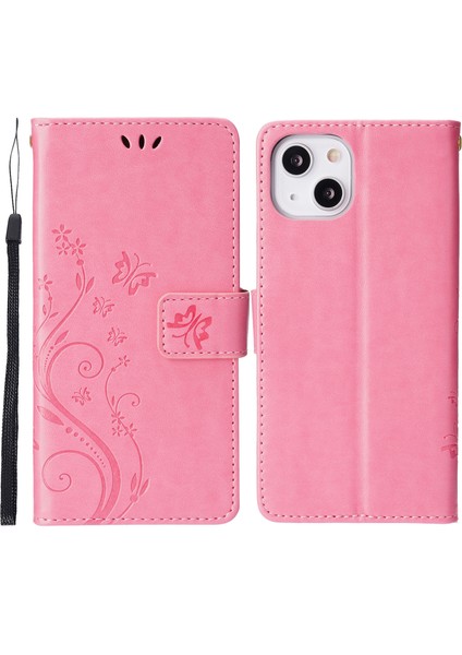 Apple iPhone 13 Telefon Kılıfı Kişiselleştirilmiş Pu Deri Kelebekler Desen Desprint Cüzdan Kart Yuvaları Telefon Stand Kılıfı 6.1 Inç-Pembe (Yurt Dışından)