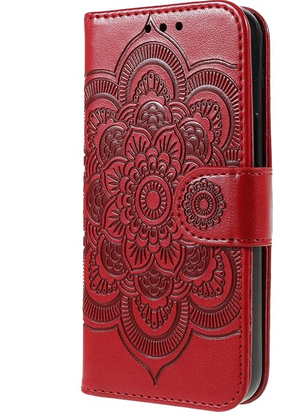 Apple iPhone 13 Telefon Kasası Için Mandala Çiçek Pu Deri Deri Telefon Stand Kapağı Cüzdan Kılıfı Strap 6.1 Inç-Kırmızı (Yurt Dışından)