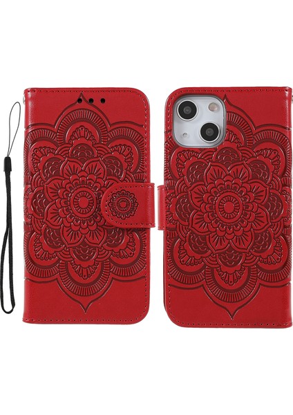 Apple iPhone 13 Telefon Kasası Için Mandala Çiçek Pu Deri Deri Telefon Stand Kapağı Cüzdan Kılıfı Strap 6.1 Inç-Kırmızı (Yurt Dışından) fiyatları