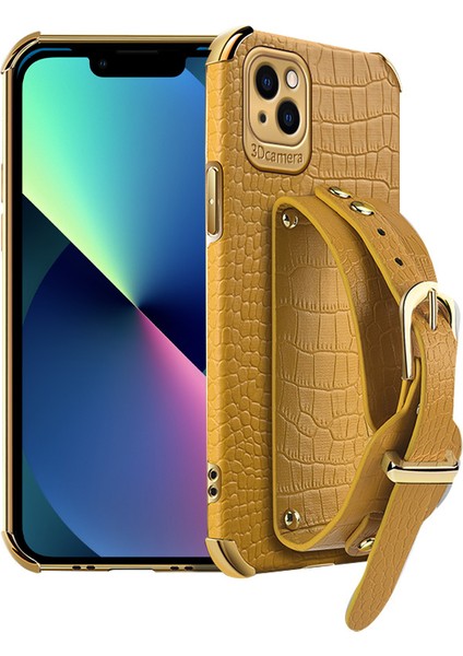 Apple iPhone 13 Telefon Kılıfı Için 6.1 Inç Şok Geçirmez Telefon Torbası Kılıf Timsah Doku 6d Elektrokaplatma Hassas Kesim Pu Deri Kaplamalı Tpu Esnek Telefon Kapak Sarı Sarı (Yurt Dışından)