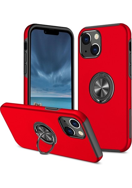 Apple iPhone 14 Telefon Kasası 6.1 Inç Sert Pc+Yumuşak Tpu Çift Katman Koruma Kılıfı Yüzük Araç Montaj Kickstand Koruyucu Telefon Kapak-Kırmızı (Yurt Dışından)