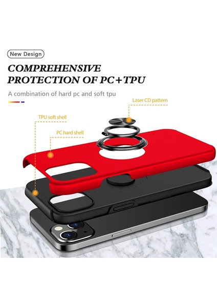 Apple iPhone 14 Telefon Kasası 6.1 Inç Sert Pc+Yumuşak Tpu Çift Katman Koruma Kılıfı Yüzük Araç Montaj Kickstand Koruyucu Telefon Kapak-Kırmızı (Yurt Dışından) fırsatları