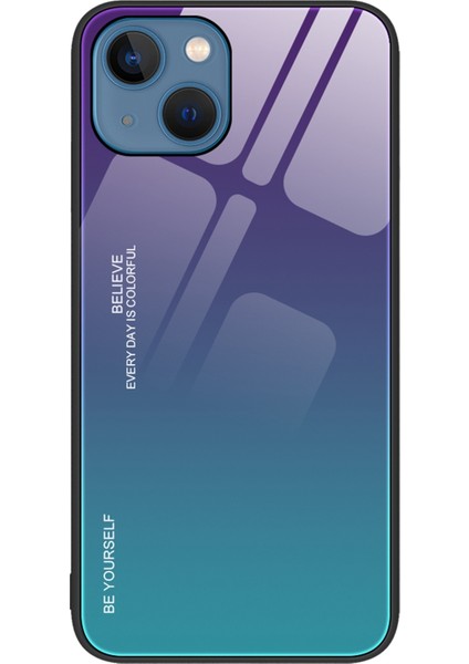 Apple iPhone 14 Telefon Kasası Gradyan Renk Tasarım Kılıfı 6.1 Inç Temperli Cam+Pc+Tpu Iyi Korunmuş Giyim Karşıtı Cep Telefonu Kabuk-Mor Mavi (Yurt Dışından)