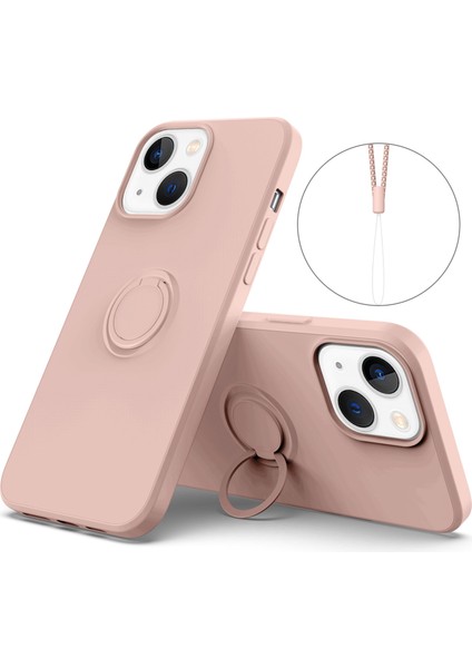Apple iPhone 14 Telefon Kasası 6.1 Inç Cep Telefonu Kasası Manyetik Metal Tabaka Tasarım Yüzüğü Tutucu Kickstand Sıvı Silikon Telefon Kapağı Bilek Kayış Pembe (Yurt Dışından)