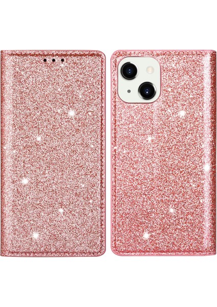 Apple iPhone 13 Telefon Kasası Için Manyetik Otomatik Emici Ultra Ince Flaş Tozu Deri Kasa, Kart Tutucusu ile 6.1 Inç-Gül Altın (Yurt Dışından)