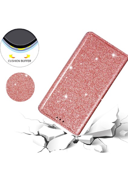 Apple iPhone 13 Telefon Kasası Için Manyetik Otomatik Emici Ultra Ince Flaş Tozu Deri Kasa, Kart Tutucusu ile 6.1 Inç-Gül Altın (Yurt Dışından)