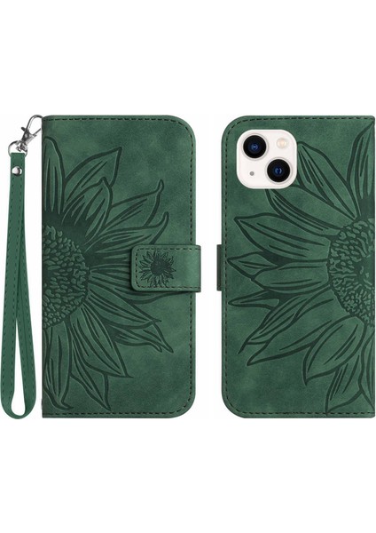 Apple iPhone 13 Telefon Kasası Için Flip Telefon Kasası 6.1 Inç HT04 Baskılı Ayçiçeği Stand Pu Deri Deri Touch Manyetik Cüzdan Kapağı Strap-Dark Yeşil (Yurt Dışından)