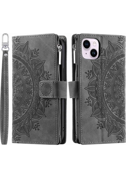 Apple iPhone 13 Telefon Kasası 6.1 Inç Basılı Mandala Çiçek Kapağı Çoklu Kart Yuvaları Pu Deri Telefon Kılıfı Stand Zipper Cep Cüzdan Strap-Grey (Yurt Dışından)