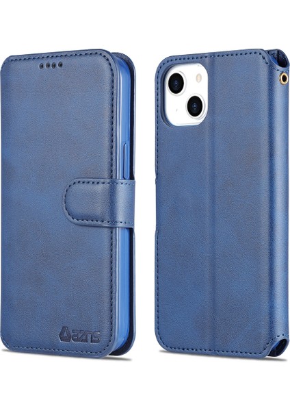 Apple iPhone 13 Telefon Kasası Manyetik Toka Anti-Güz Cüzdan Tasarımı Koruyucu Deri Telefon Kapağı Standı 6.1 Inç-Mavi (Yurt Dışından)