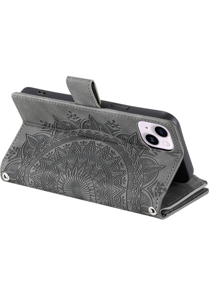 Apple iPhone 13 Telefon Kasası 6.1 Inç Basılı Mandala Çiçek Kapağı Çoklu Kart Yuvaları Pu Deri Telefon Kılıfı Stand Zipper Cep Cüzdan Strap-Grey (Yurt Dışından)
