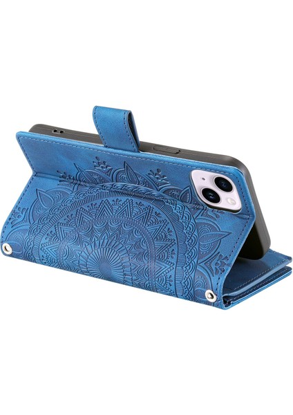 Apple iPhone 13 Telefon Kasası 6.1 Inç Basılı Mandala Çiçek Kapağı Çoklu Kart Yuvaları Pu Deri Telefon Kılıfı Stand Zipper Cep Cüzdan Strap-Mavi (Yurt Dışından) fırsatları