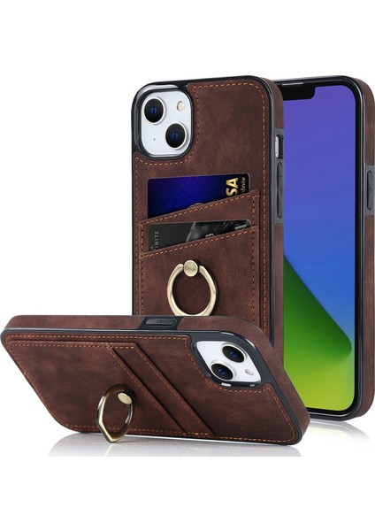 Apple iPhone 14 Telefon Kasası 6.1 Inç Retro Parmak Yüzüğü Kickstand Tasarımı Deri Kaplamalı Tpu Telefon Kasa Kartı Yuvaları Geri Kapak Kahverengi (Yurt Dışından)