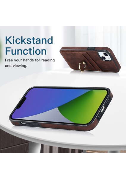 Apple iPhone 14 Telefon Kasası 6.1 Inç Retro Parmak Yüzüğü Kickstand Tasarımı Deri Kaplamalı Tpu Telefon Kasa Kartı Yuvaları Geri Kapak Kahverengi (Yurt Dışından) modelleri