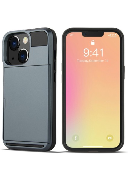 Slayt Tasarım Kartı Tutucu Anti Sonbahar Tpu+Pc Telefon Kılıf Kabuğu Apple iPhone 13 Için 6.1 Inç-Dark Mavi (Yurt Dışından)