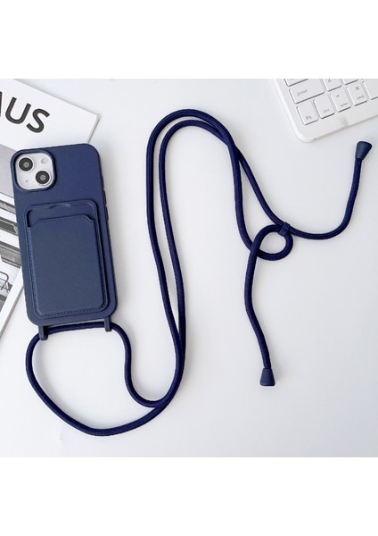 Apple iPhone 13 Telefon Kılıfı Için 6.1 Inç Telefon Kılıf Anti-Drop Sıvı Silikon Koruyucu Kapak Kart Yuvası Strap-Dark Mavi (Yurt Dışından)