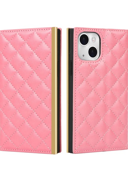 Apple iPhone 13 Telefon Kasası Için Izgara Dokusu Folio Flip Cüzdan Standı Deri Telefon Kapağı Çanta Ayna Tasarımı ile Çanta 6.1 Inç Pembe (Yurt Dışından)