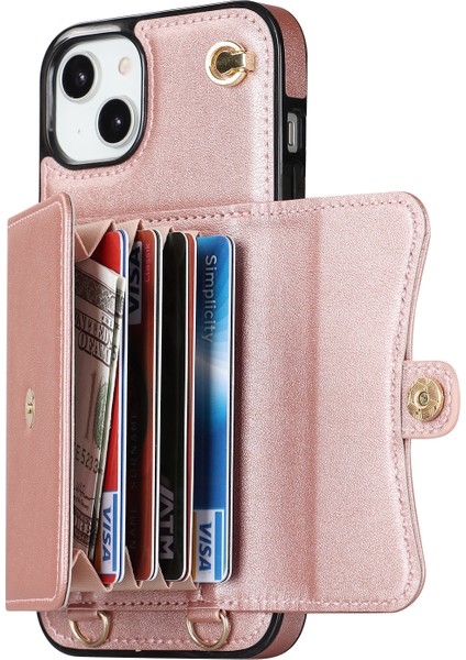 Apple iPhone 13 Telefon Kılıfı Için 6.1 Inç/14 Akordeon Tarzı Kart Yuvaları Telefon Kılıfı Kickstand Rfıd Engelleme Kapağı Kısa Kayış ve Uzun Kayış-Rose Altın (Yurt Dışından) modelleri