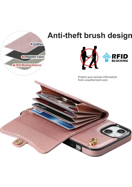 Apple iPhone 13 Telefon Kılıfı Için 6.1 Inç/14 Akordeon Tarzı Kart Yuvaları Telefon Kılıfı Kickstand Rfıd Engelleme Kapağı Kısa Kayış ve Uzun Kayış-Rose Altın (Yurt Dışından) fırsatları