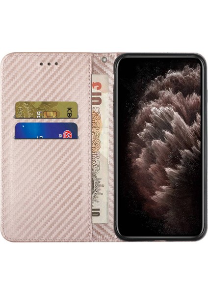 Apple iPhone 14 Telefon Kasası 6.1 Inç Karbon Fiber Doku Pu Deri Kasa Otomatik Manyetik Kapalı Flip Stant Cüzdan Kapağı Kaplama Altın (Yurt Dışından)