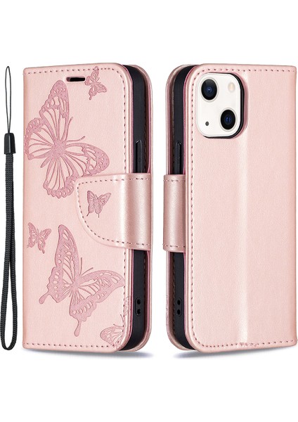 Apple iPhone 13 Telefon Kılıfı Için Baskı Pu Deri Deri Flip Cüzdan Kılıfı Stand ve Bilek Kayışı ile Kapak 6.1 Inç-Rose Gold (Yurt Dışından)