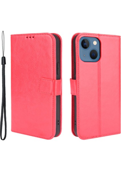 Apple iPhone 13 Telefon Kasası Anti-Fall Şok Geçirmez Bilek Kayışı Çılgın At Dokusu Cüzdan Tasarımı Deri Telefon Kapağı Stand 6.1 Inç-Kırmızı (Yurt Dışından) fiyatları