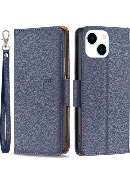 Apple iPhone 14 Telefon Kasası 6.1 Inç Aşınma Dirençli Anti-Güz Renkli Litchi Doku Pu Deri Tam Kaplama Cep Telefonu Kılıfı Stand Walle Strap-Dark Mavi (Yurt Dışından)