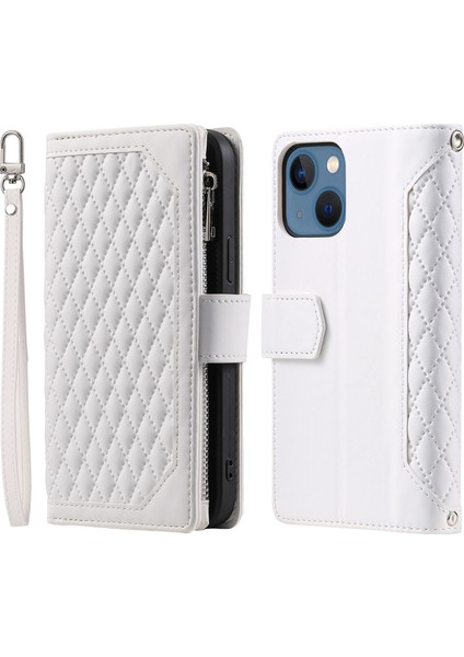 Apple iPhone 13 Telefon Kılıfı Için Cüzdan Rhombus Doku Kılıfı 6.1 Inç Zipper Cep Pu Deri Deri Telefon Stand Kapağı Bilek Kayış-Beyaz (Yurt Dışından)