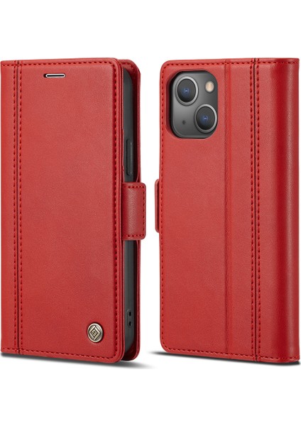 Manyetik Çift Tıkık Şok Geçirmez Cüzdan Stand Pu Deri Telefon Kabuğu Apple iPhone 13 Için 6.1 Inç-Kırmızı (Yurt Dışından)