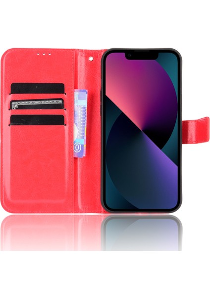Apple iPhone 13 Telefon Kasası Anti-Fall Şok Geçirmez Bilek Kayışı Çılgın At Dokusu Cüzdan Tasarımı Deri Telefon Kapağı Stand 6.1 Inç-Kırmızı (Yurt Dışından) modelleri