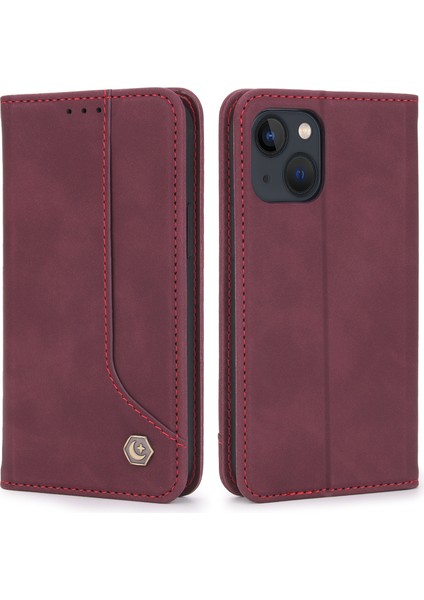 Apple iPhone 13 Telefon Kılıfı Görüntüleme Stand Retro Pu Deri Flip Cüzdan Kılıfı Tam Vücut Manyetik Adsorpsiyon Koruyucu Kapak 6.1 Inç-Dark Kırmızı (Yurt Dışından)